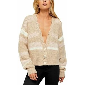 Free People Fine Time Stripe Latte Cardigan Beige & White